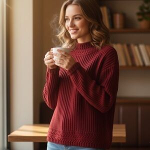 L.L. Bean Mockneck Cable Knit Fisherman Sweater